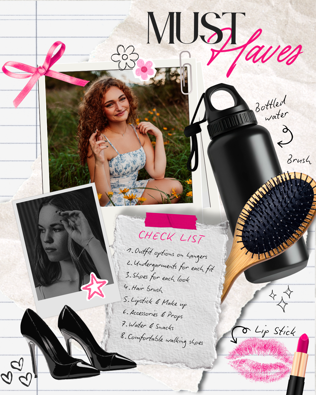 A beauty flatlay with makeup brushes, lipstick, hair accessories and pink ribbon accents on a white background.