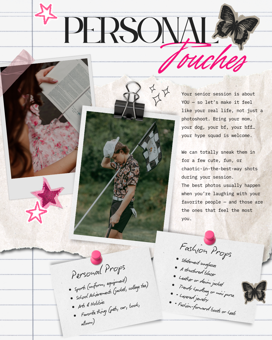 Scrapbook style collage layout featuring pink stars, butterflies and handwritten text with personal photo spaces.