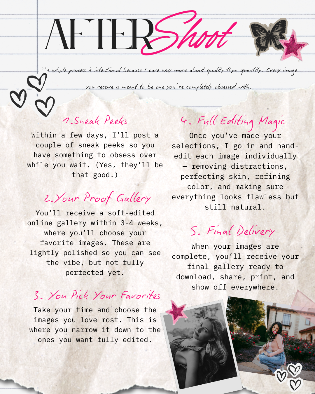 A black and white text layout showing various design elements and instructions with pink accents and heart doodles.