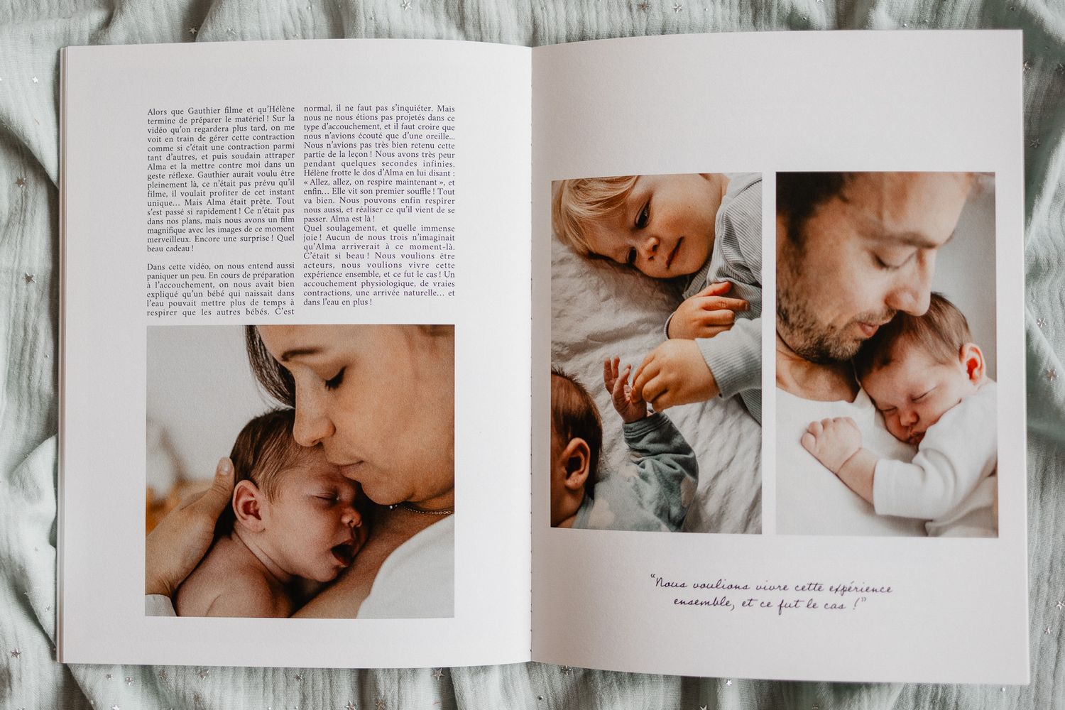 Texte de recit de naissance accompagne de photos, memoire sensible des premiers jours