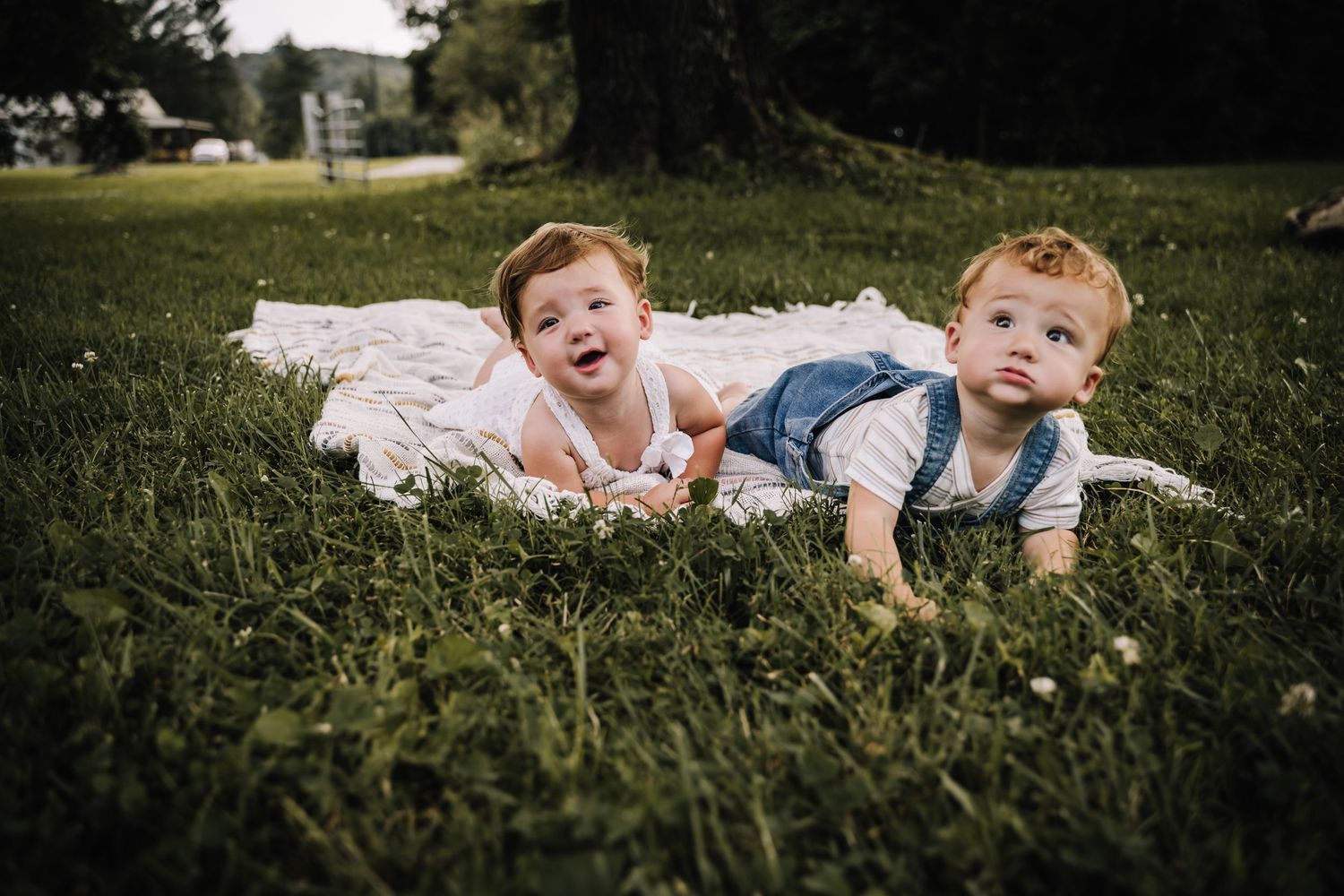 TWIN Children laying in green grass during a summer photo session outdoors. Family photographer in Middle Tennessee capturing natural family