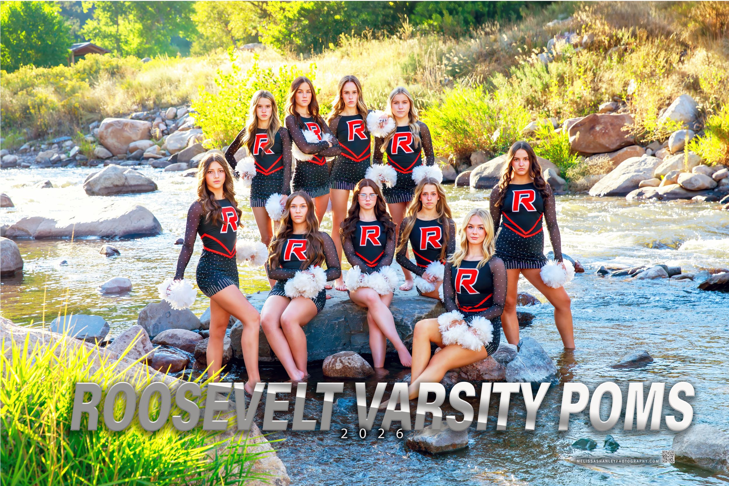 Cheerleaders in matching red and black uniforms gather for team photos on natural rocks with yellow flowers in background.