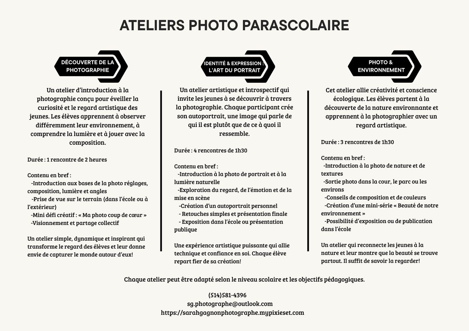 Cours parascolaire de photographie à Sorel-Tracy pour élèves du primaire et du secondaire.