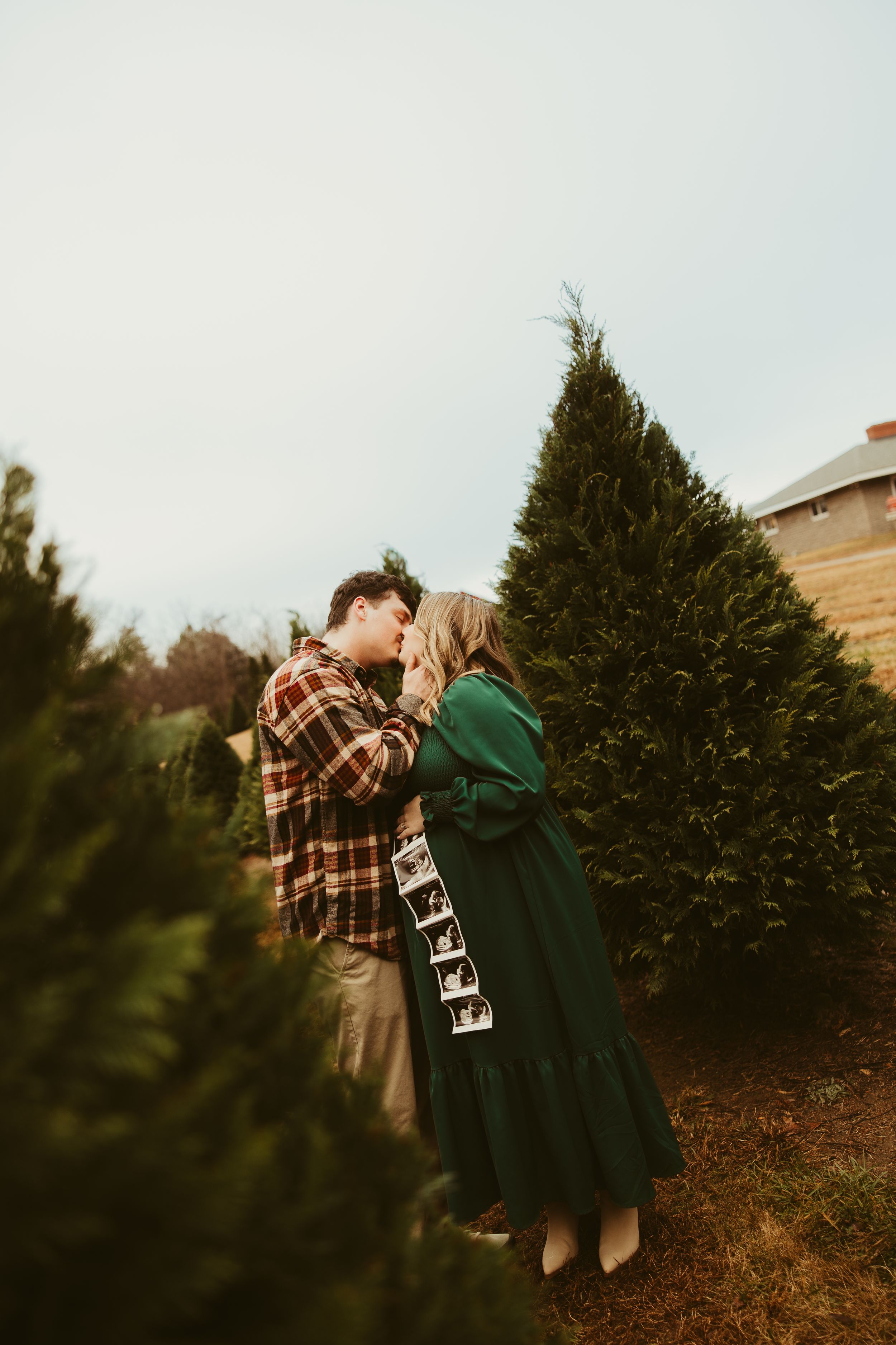 Expecting couple kissing at a Christmas tree farm while holding ultrasound photos.