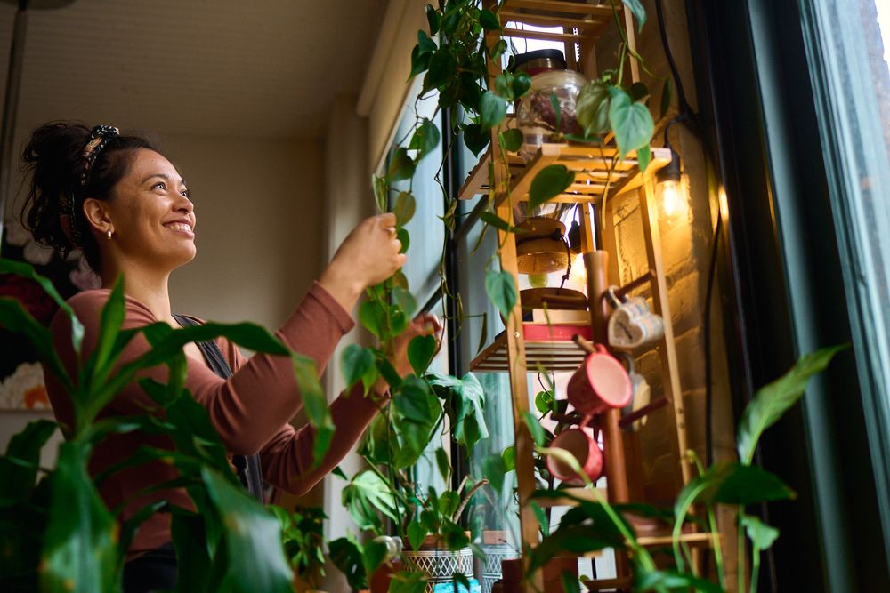 Happy woman tending to lush indoor plants on a shelf near a sunlit window.