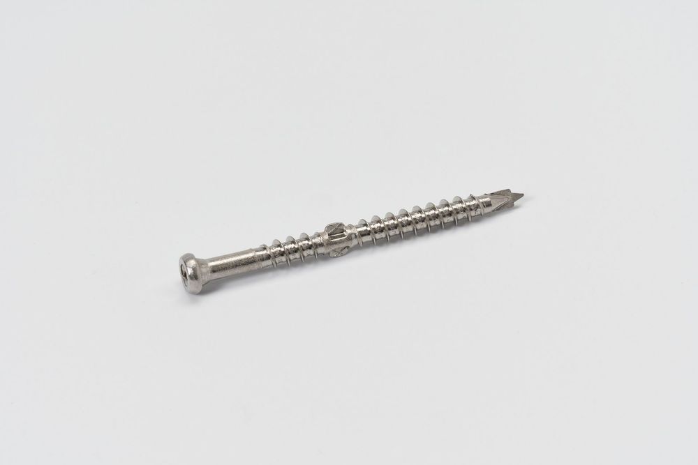 Collection of silver metal screws arranged in a row on white surface.