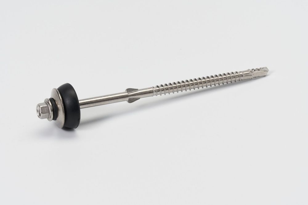 Close-up view of stainless steel self-drilling screws with hex head and rubber washer shown from multiple angles.