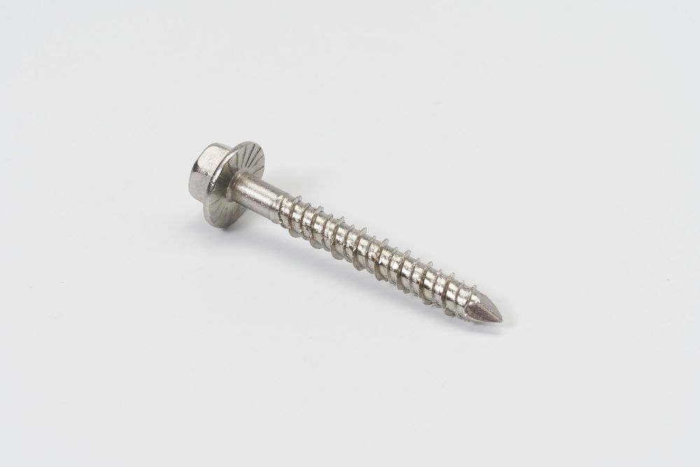 Four silver metal screws with threaded shafts and flat heads shown at different angles on a white background.