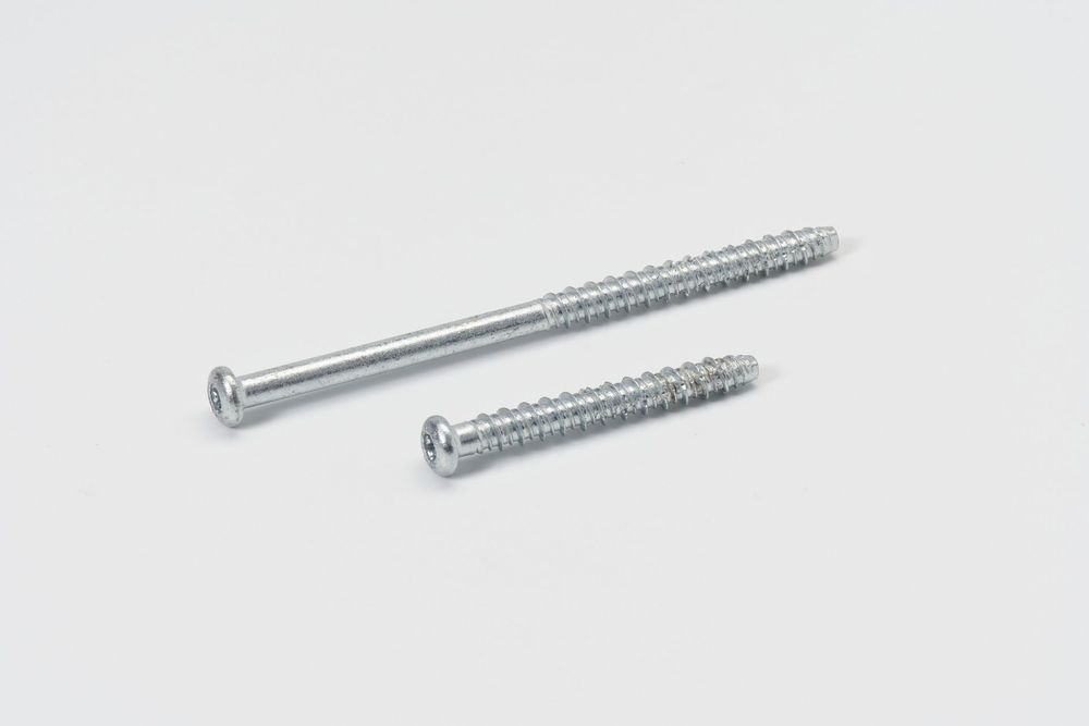 Two silver metal self-tapping screws with Phillips head design shown on white background.