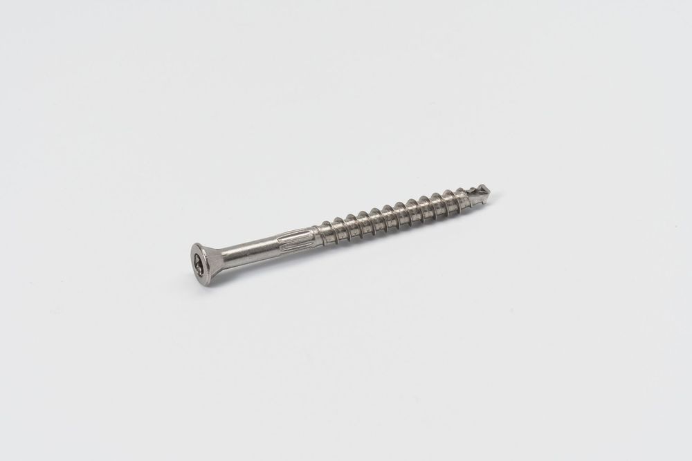 A silver metal screw with sharp threads and flat head shown against a white background.