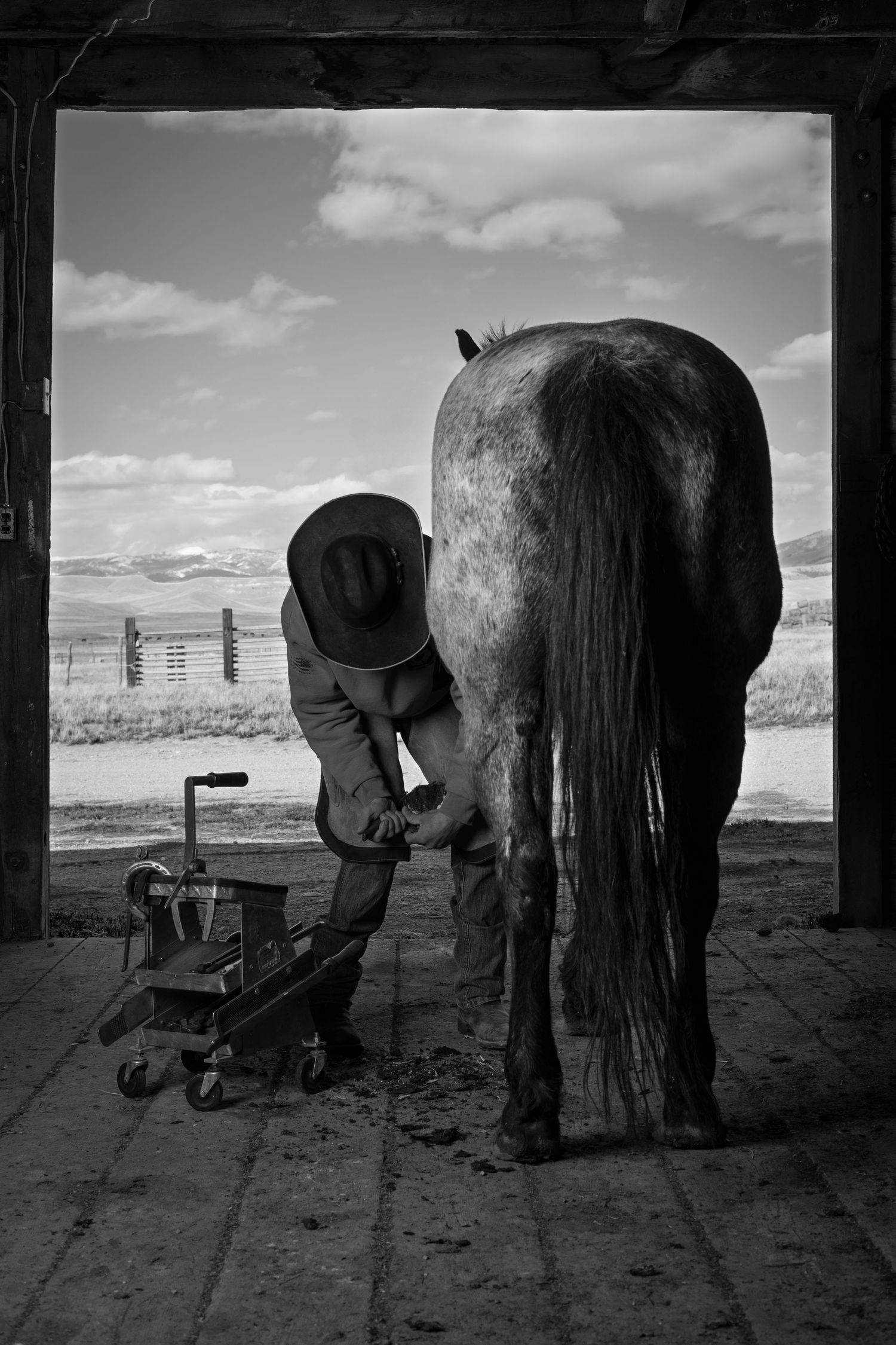 A black and white photograph of a farrier working on a horse's hoof in a barn doorway with a cloudy sky beyond.