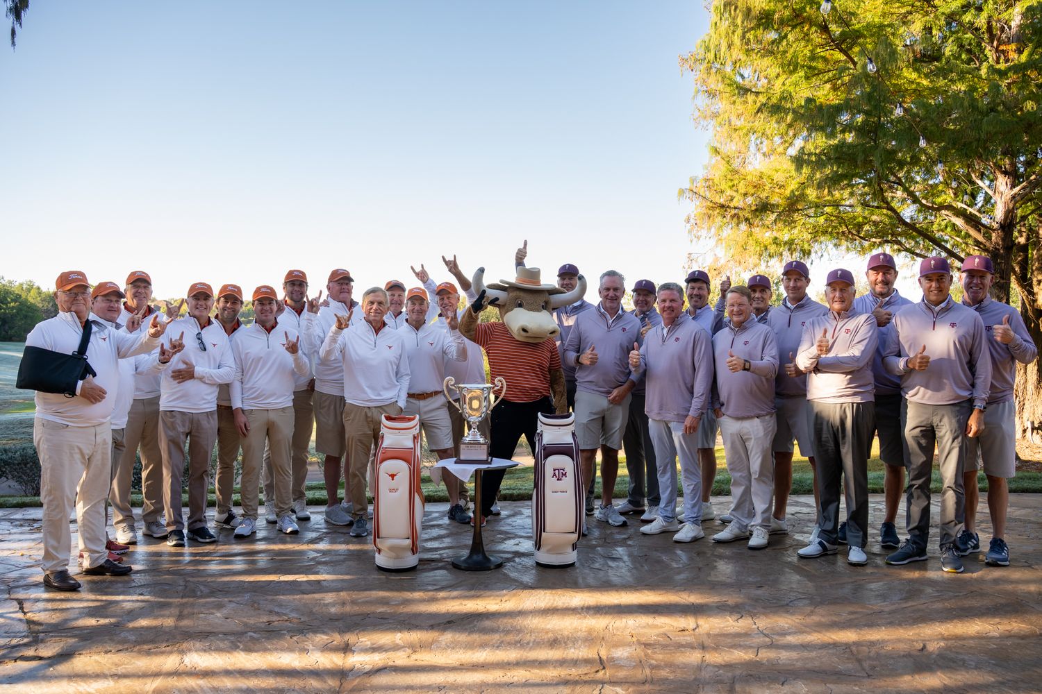 A group photo sequence of wedding party members in light colored attire standing outdoors against a scenic backdrop.