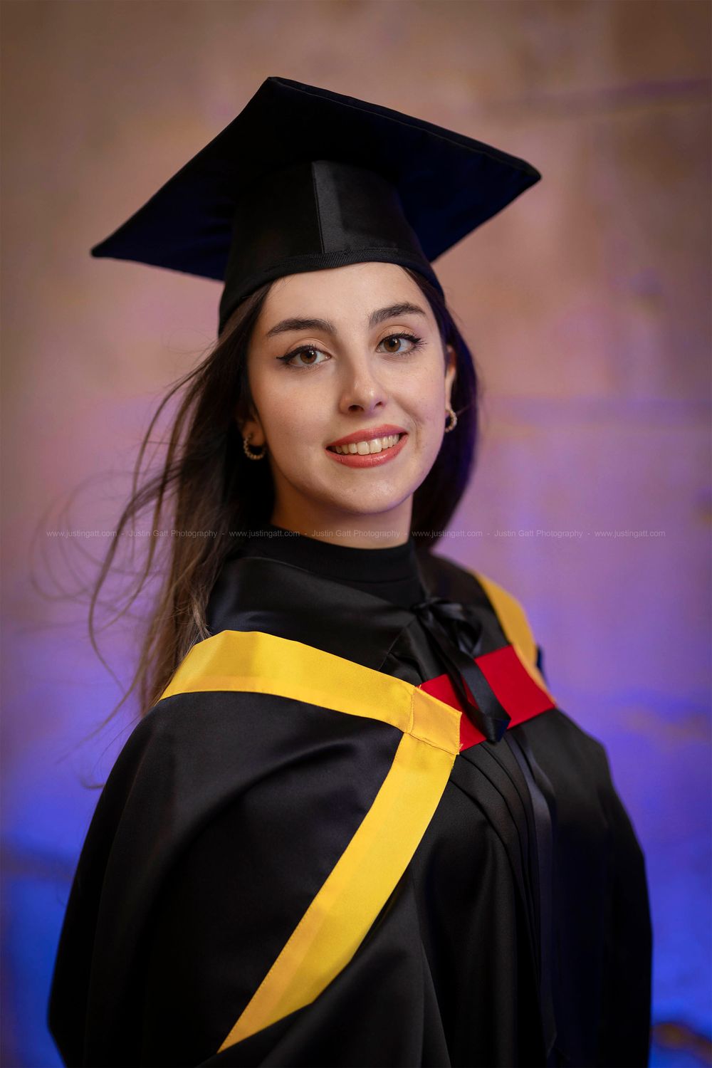 A graduation photoshoot sequence showing academic regalia with yellow and black colors against a purple backdrop.