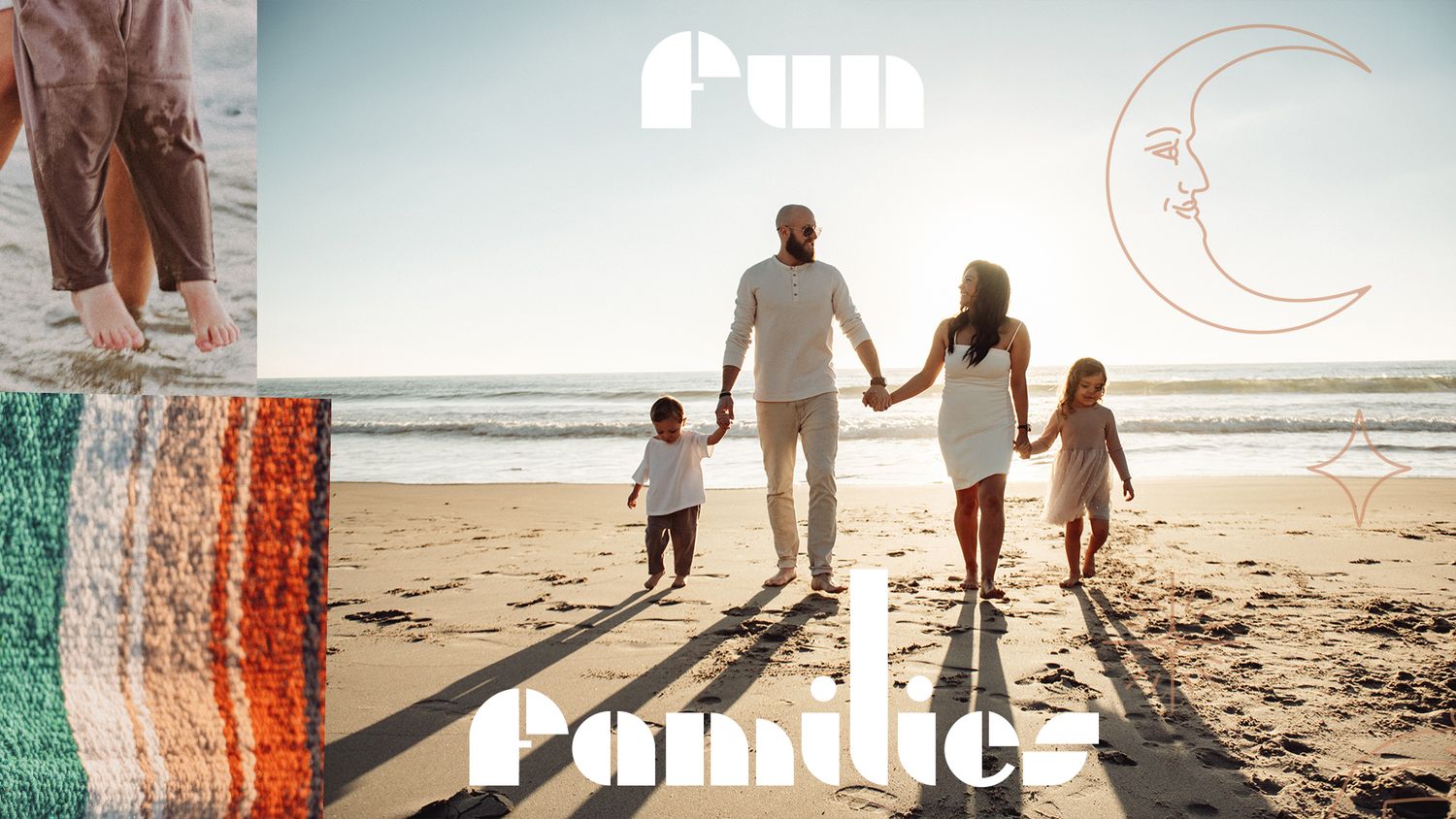 'Fun Families' typography design overlaid on beach scene with retro color effects.