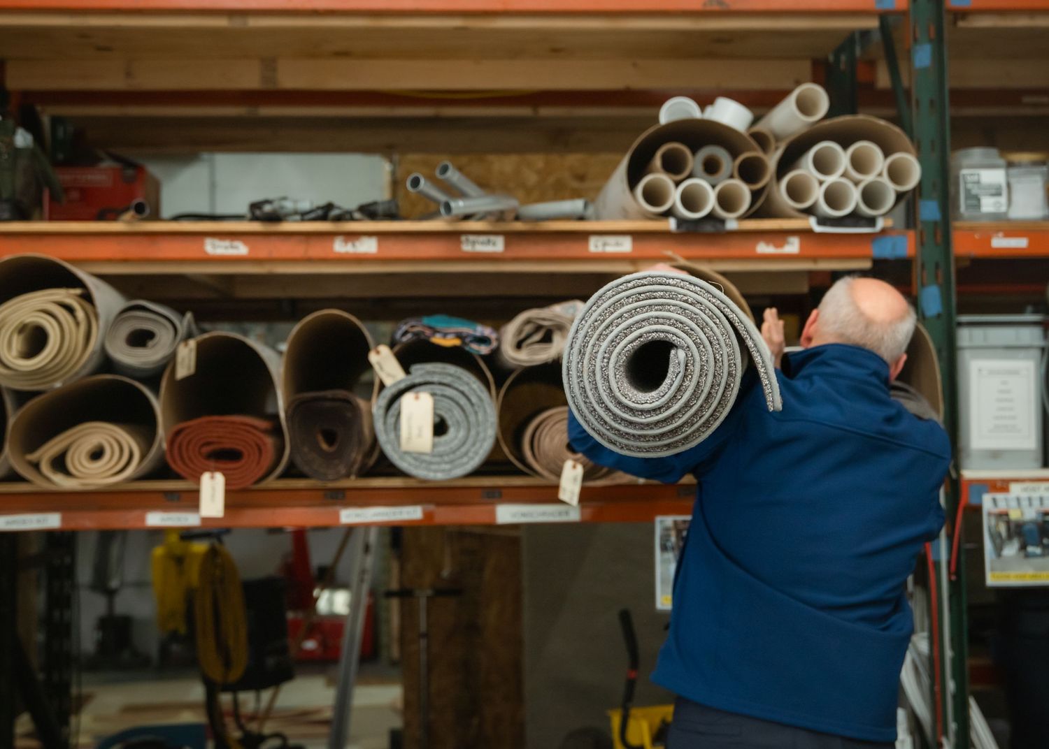 Person reaching for rolled up carpets and rugs stored on industrial shelving in a warehouse storage area.