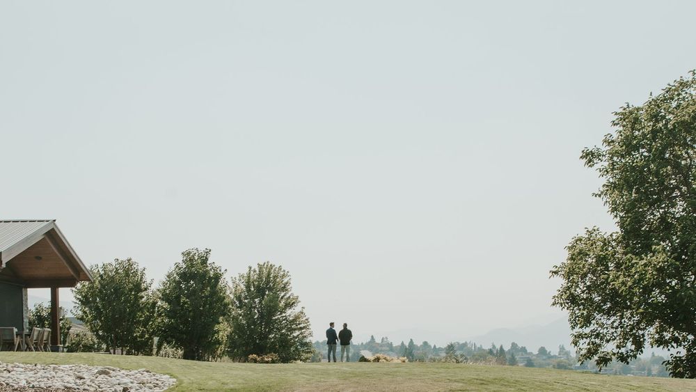 Bride and groom stand together on a scenic hilltop surrounded by trees on wedding day.