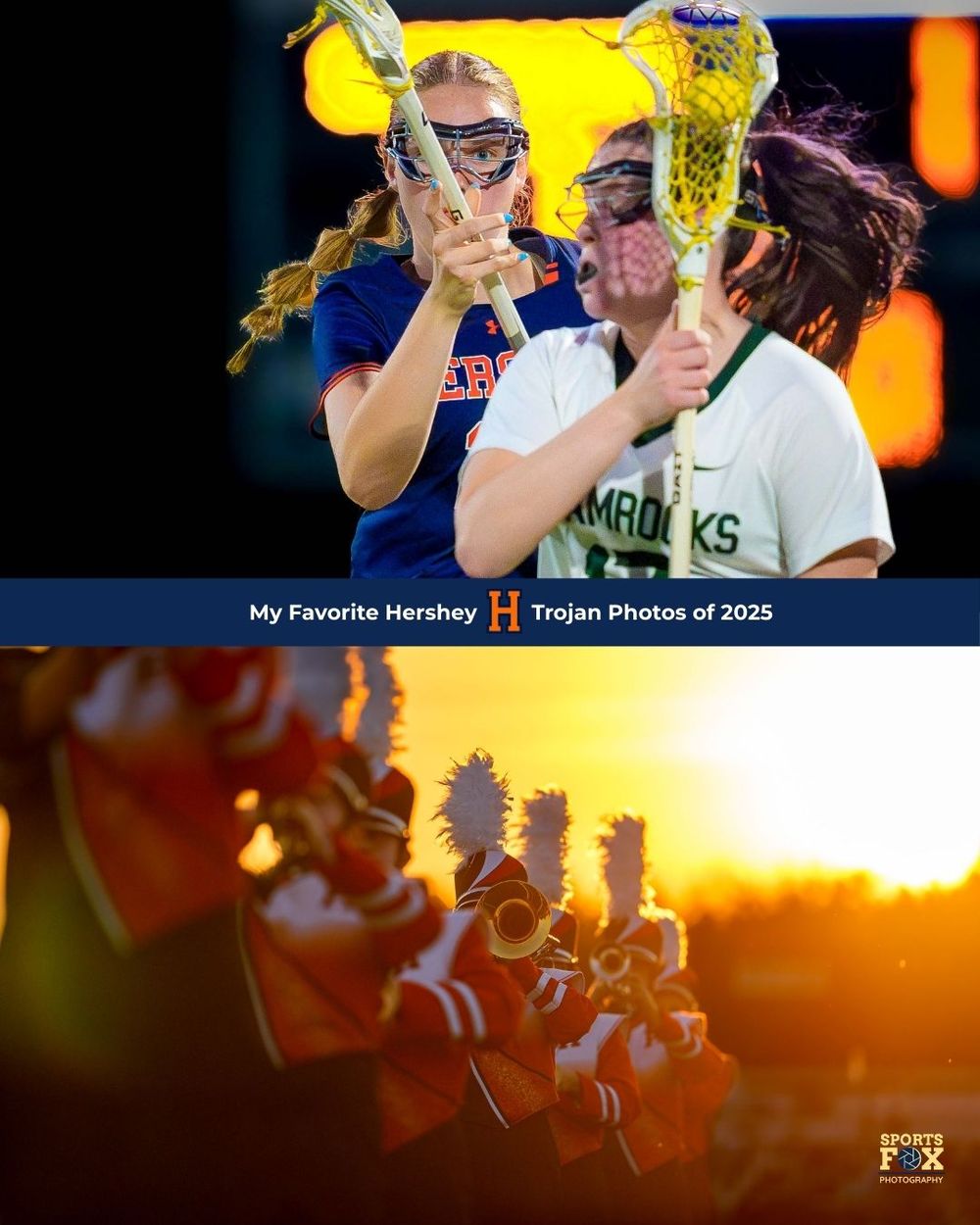 Collage of Hershey athletes—lacrosse player in action and marching band member silhouetted against a dramatic sunset.
