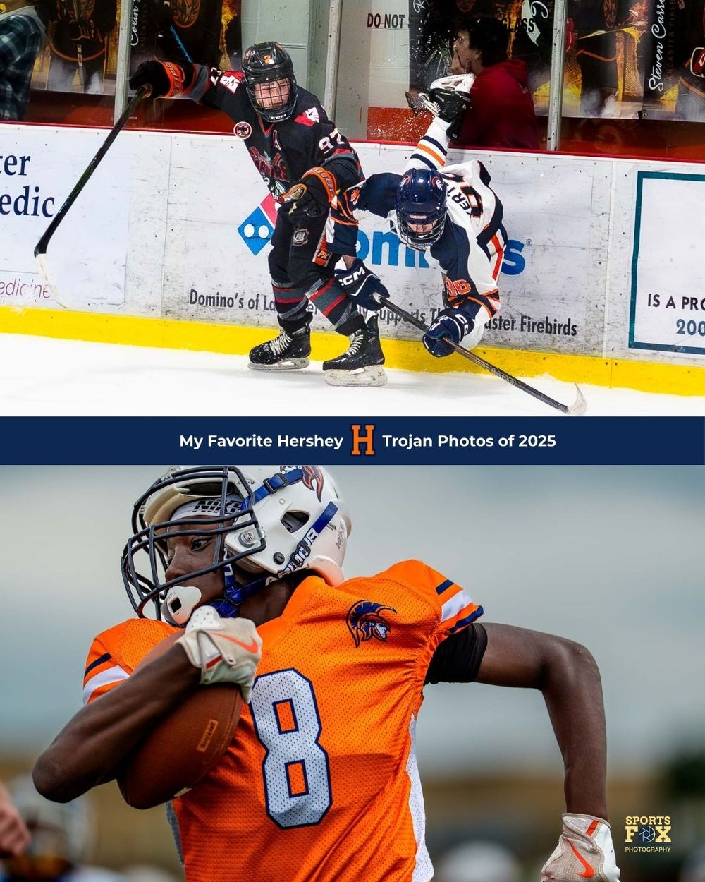 Action collage featuring Hershey High School ice hockey player on the rink and football player in helmet during a game.