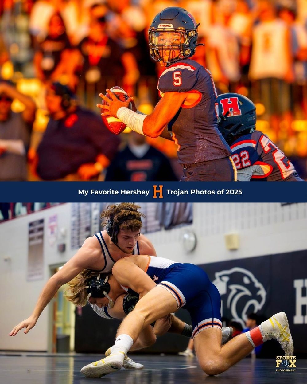 Collage of Hershey sports highlights—football quaterback throwing during a game and wrestler competing on the mat.