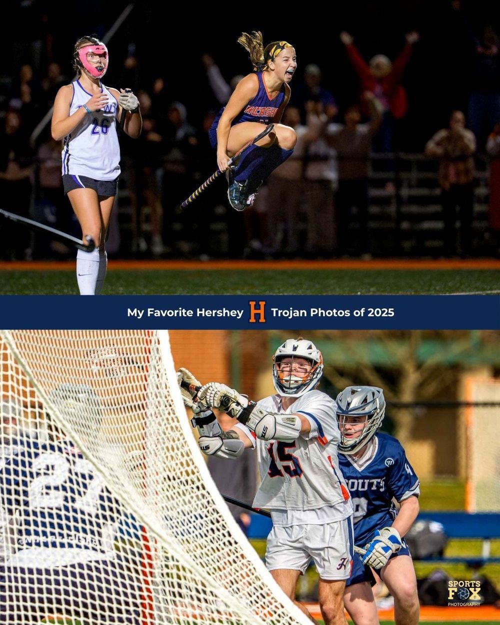 Collage of Hershey athletes—field hockey celebration and lacrosse player scoring a goal during a game.