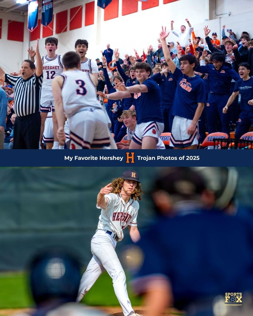 Collage featuring Hershey High School baseball team celebrating a win and a player running the bases during a game.