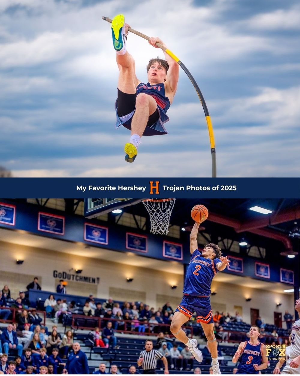 Collage of Hershey track and field athlete pole vaulting and basketball player making a layup in the gym.