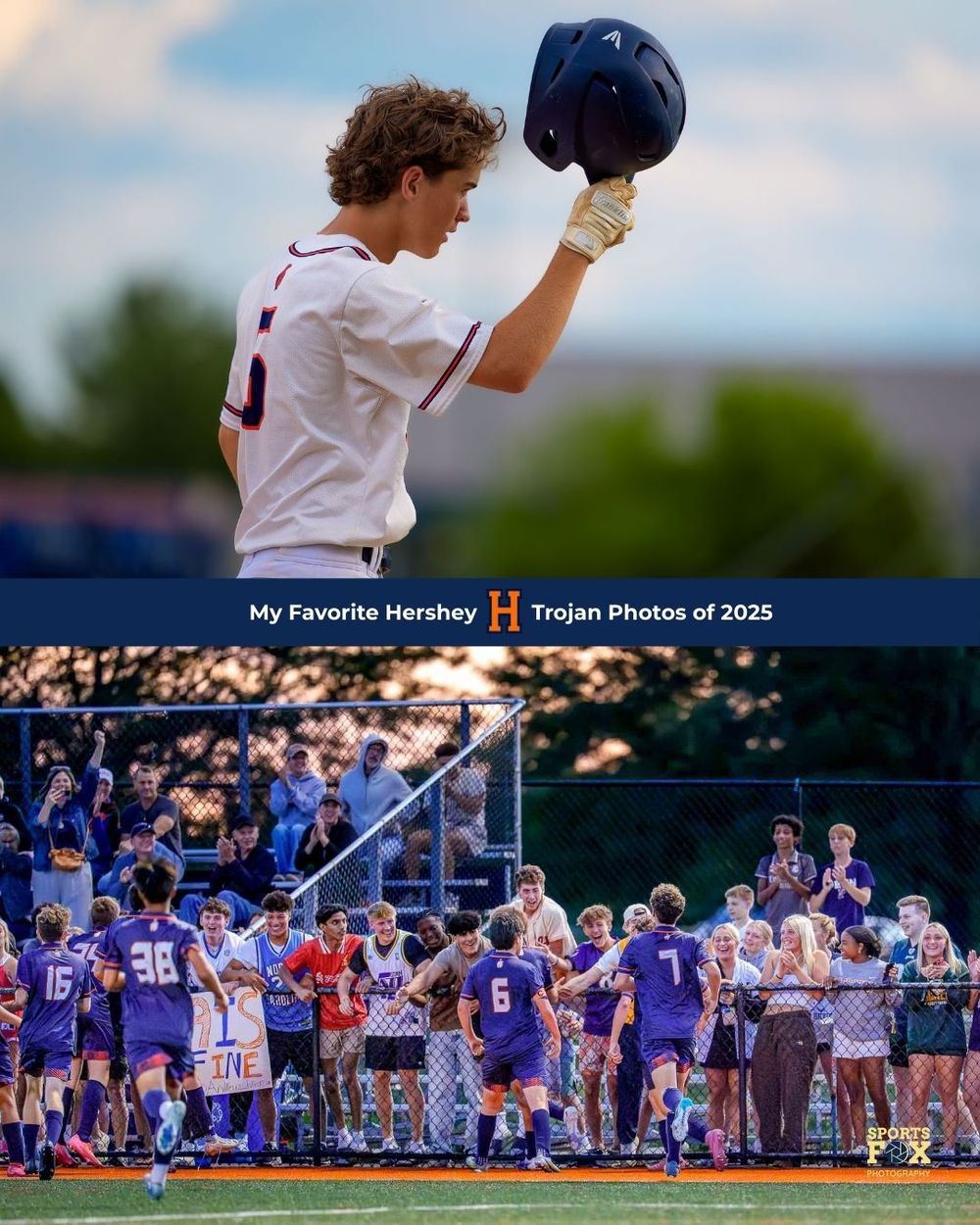 Hershey baseball player tipping his helmet in celebration and soccer team gathering on the field after a win.