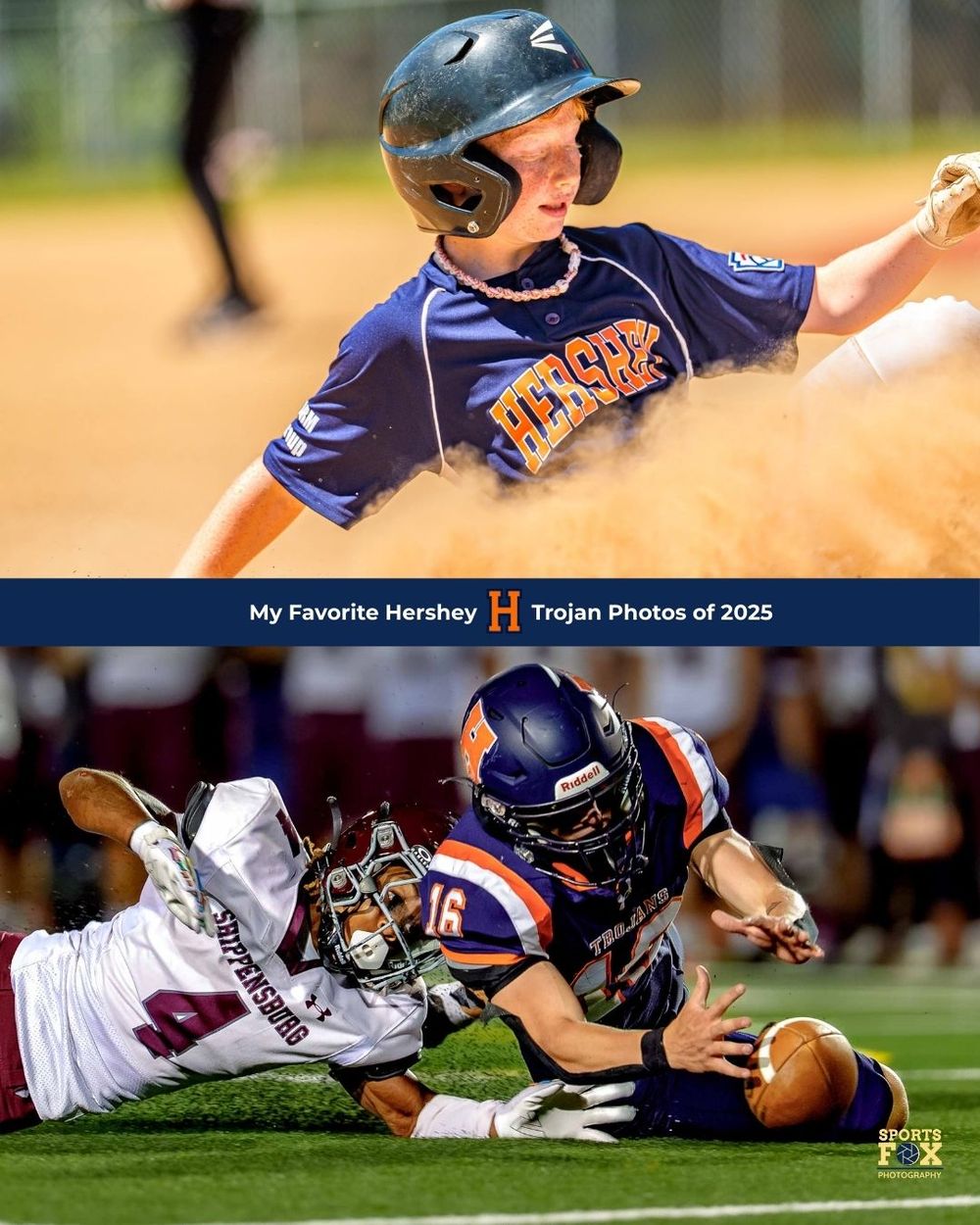 A collage showing a Hershey little league player sliding into base and another player recovering fumble during a game.