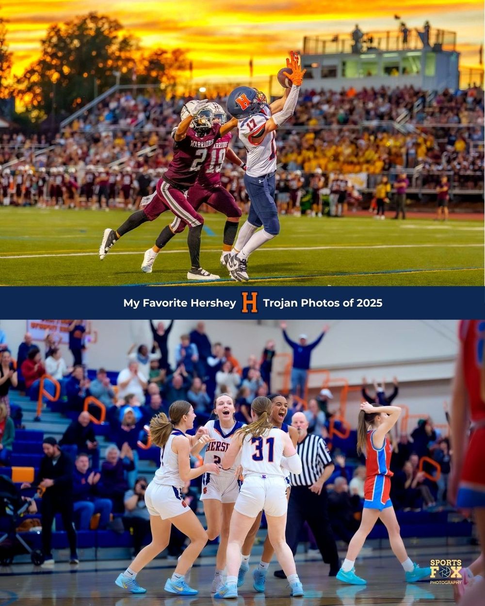 Collage of Hershey sports highlights—football player leaping for a catch at sunset and girls’ basketball team celebrating on court.