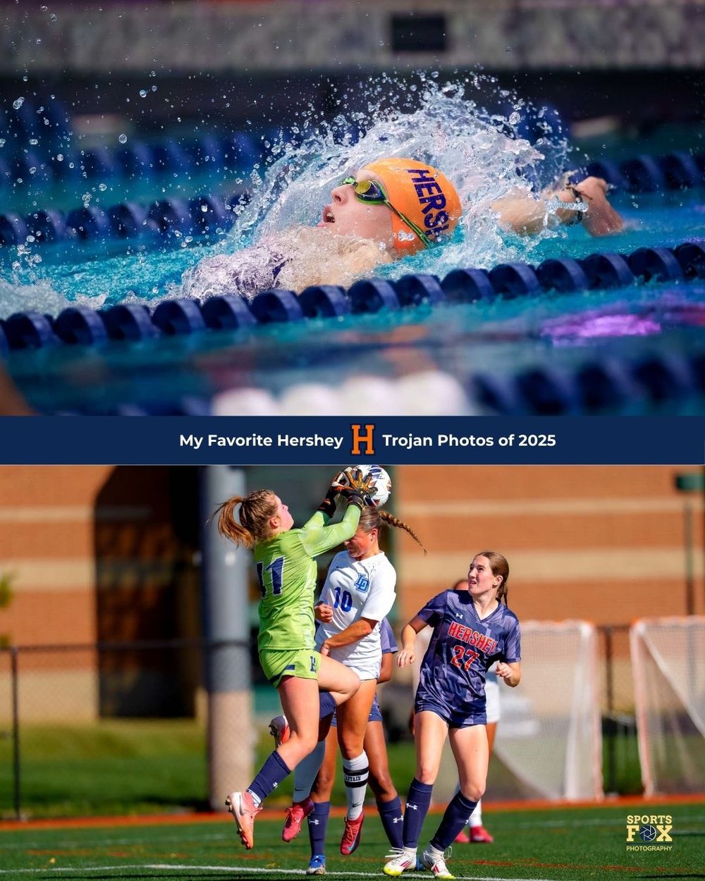 Collage of Hershey athletes—swimmer doing a backstoke in the pool and soccer goalie making a save during a game