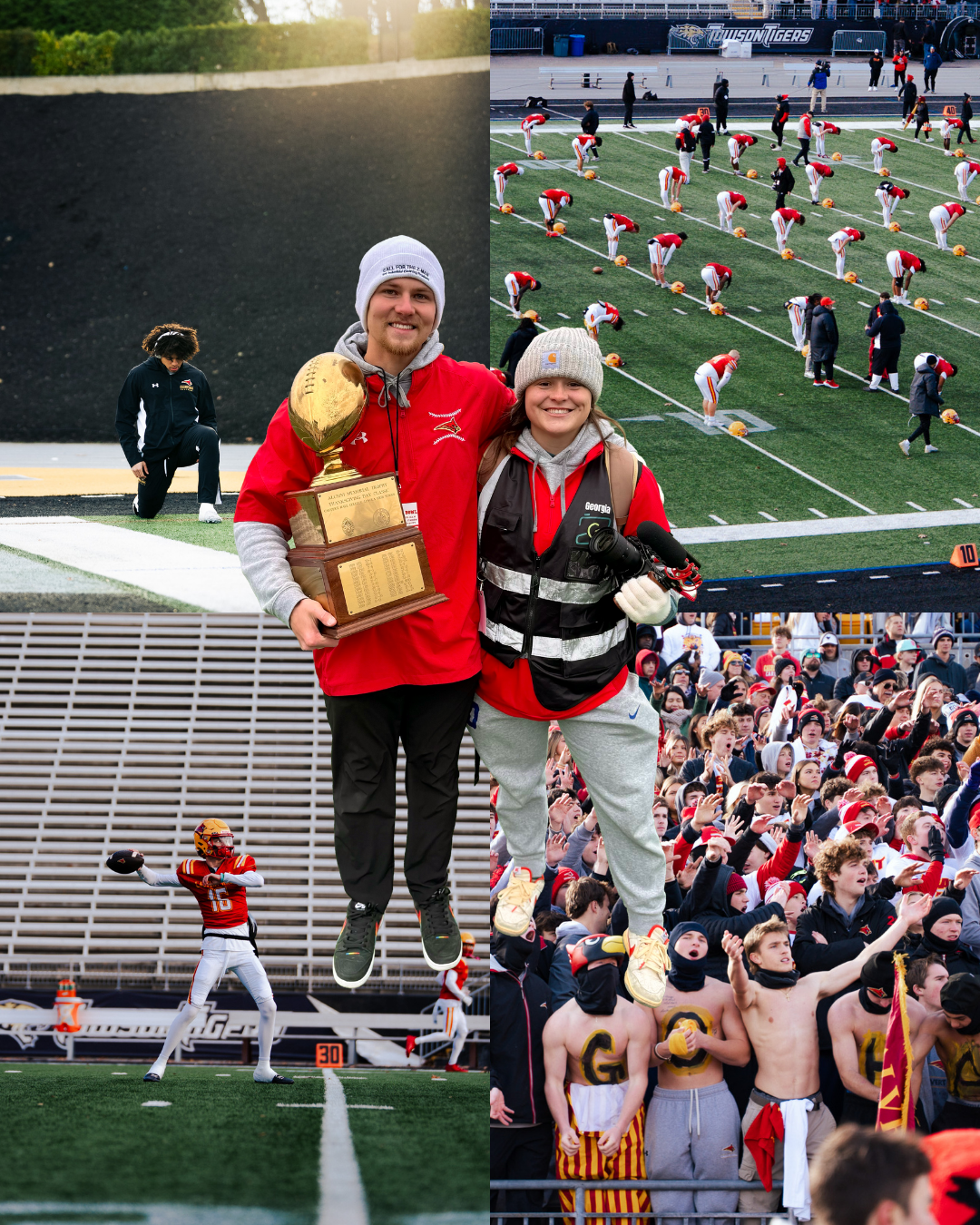 A collage of college football moments showing trophy celebrations, marching band formations, and enthusiastic fans in the stands.