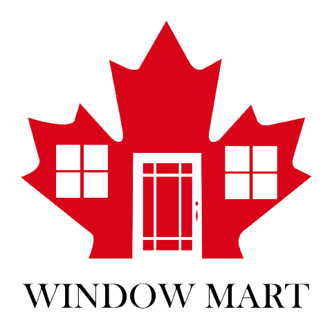 Red maple leaf logo design incorporating windows and door for Window Mart home improvement company.