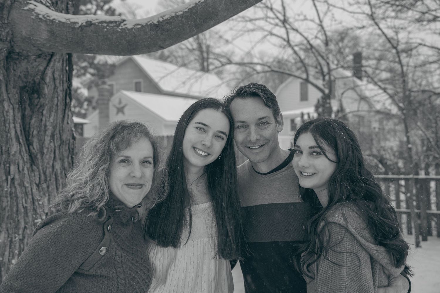 A black and white collage of outdoor winter portraits showing people smiling and posing together in snowy settings.