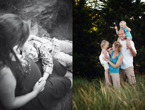 A couple in turquoise and gray outfits share intimate moments together in a grassy outdoor setting.