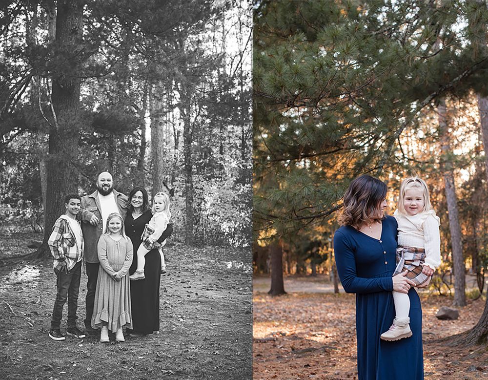 A side-by-side comparison of a black and white photo and color photo showing people gathered in a wooded forest setting.