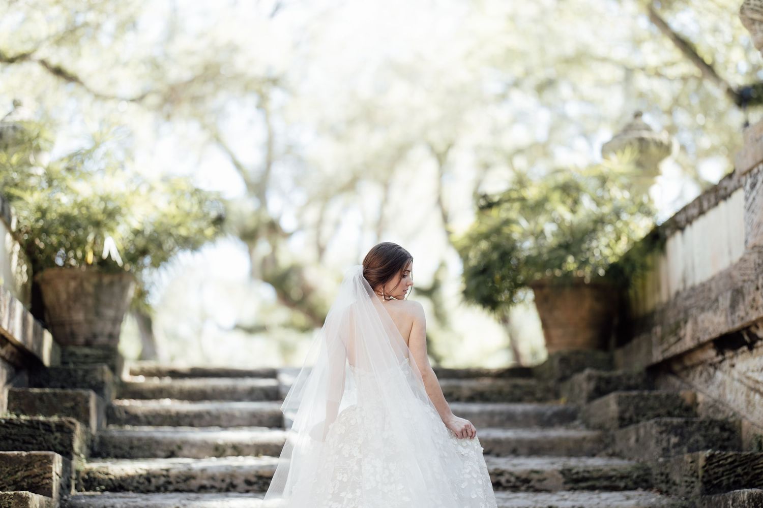 A couple in wedding attire embraces beneath a canopy of oak trees in a romantic outdoor setting.
