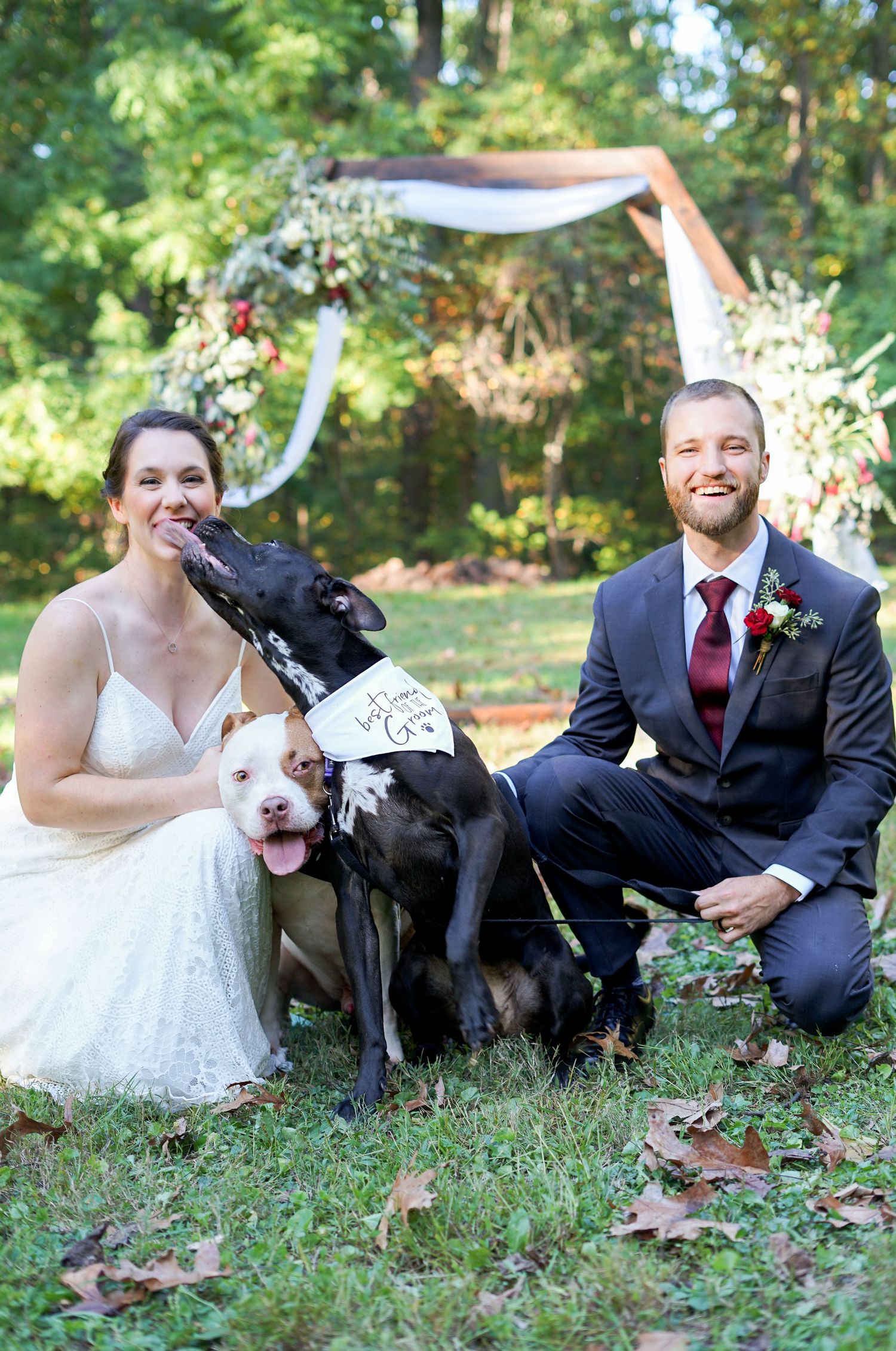 Two dogs with bow ties pose with couple under a floral wedding arch in an outdoor setting.