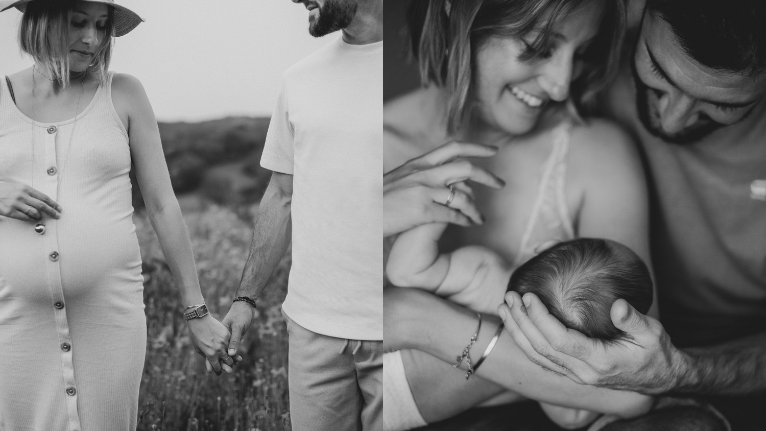 Photo d'un couple en noir et blanc pendant une séance grossesse, puis une séance naissance