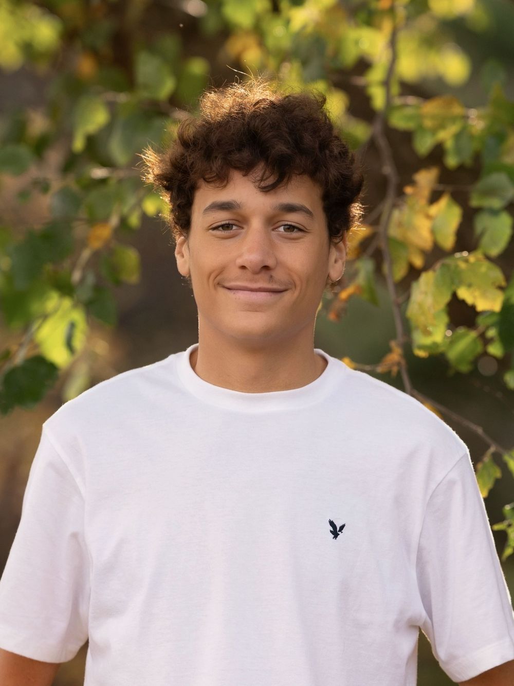 A series of casual portrait shots against a green leafy background in natural lighting.