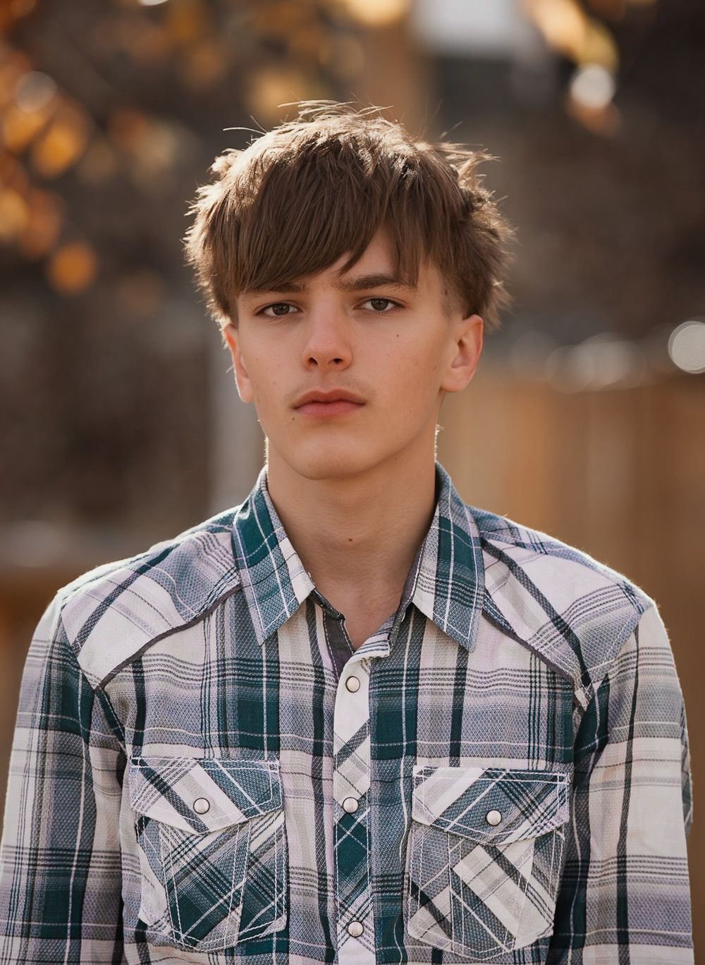 A person wearing a plaid button-up shirt poses against a blurred background with warm autumn lighting.
