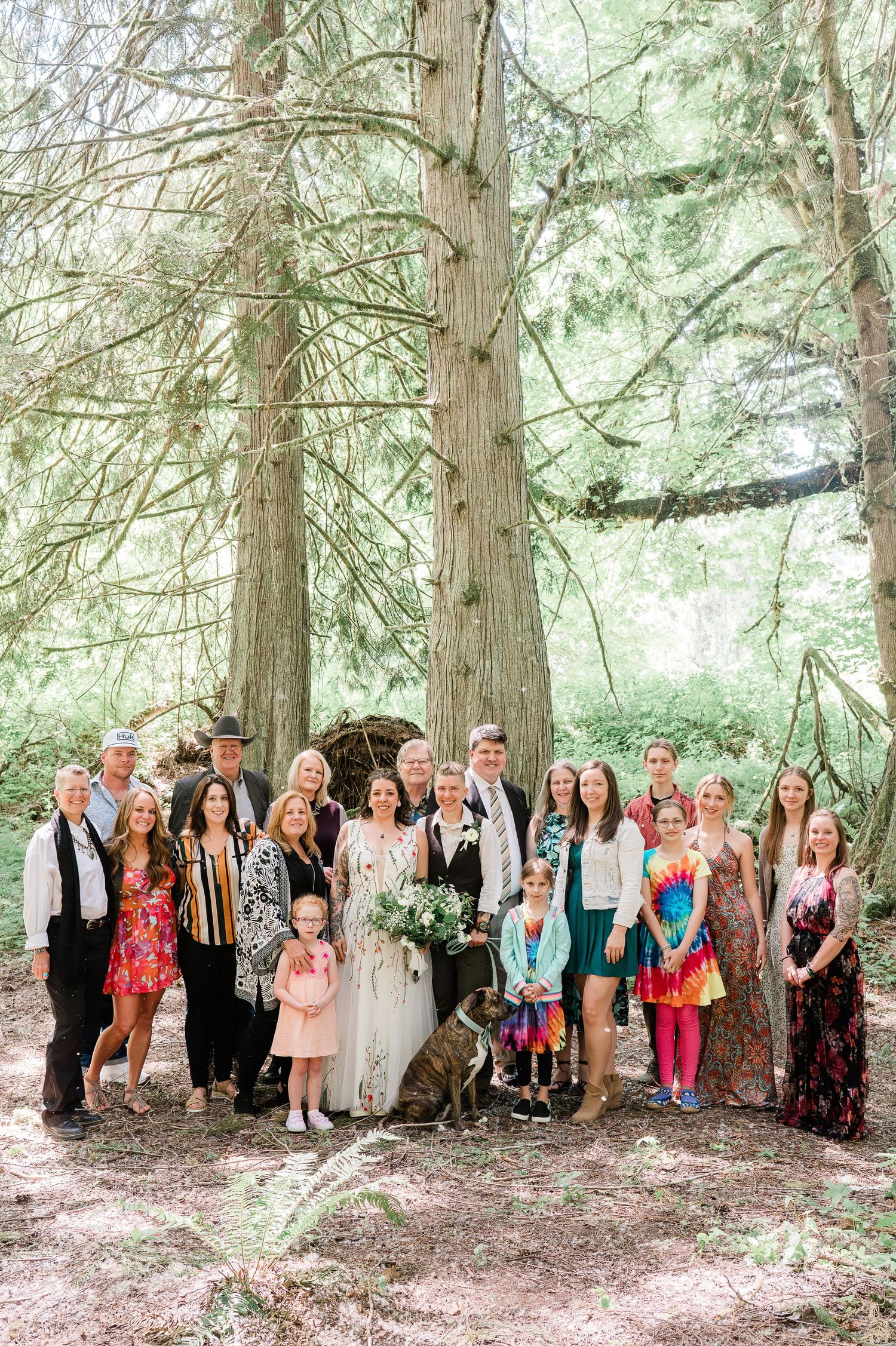 A large wedding party poses together in a line among tall evergreen trees in a forest setting.