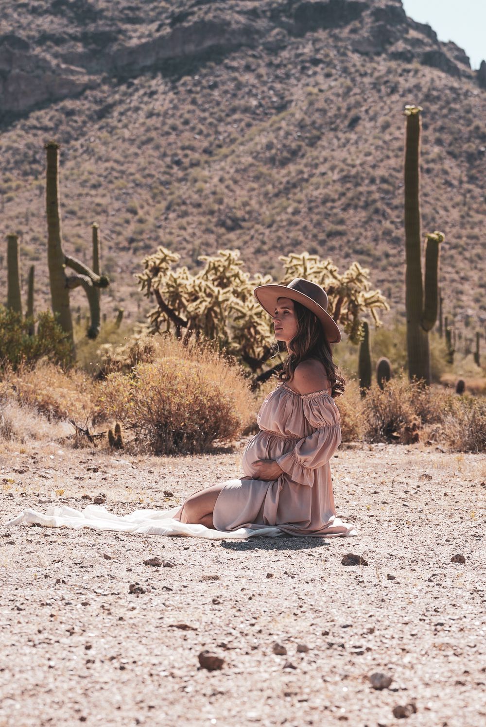 Woman in pink off-shoulder dress and brown hat kneeling in desert landscape with saguaro cacti and mountains.
