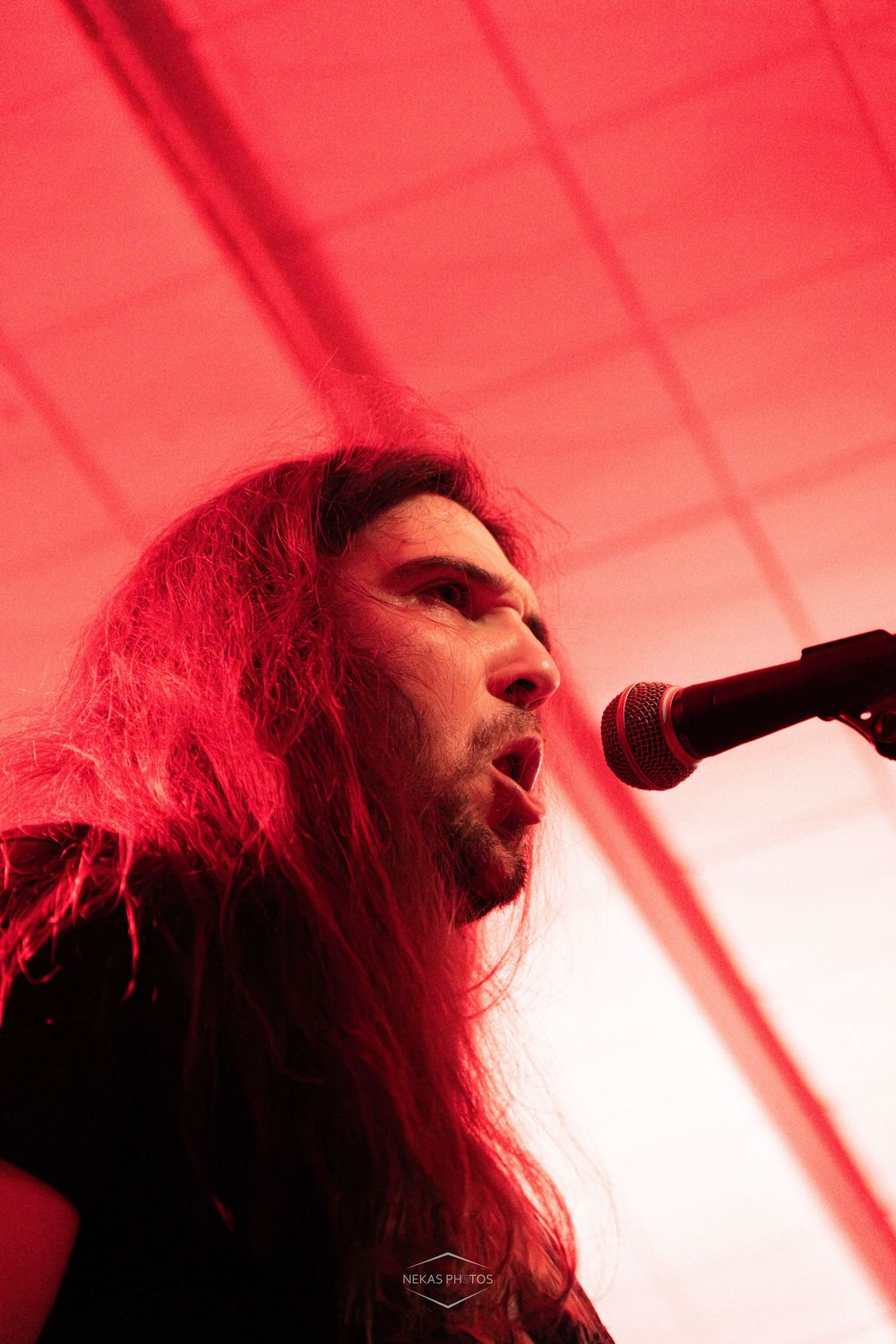 Long-haired male vocalist performing on stage under dramatic red lighting at a rock concert.