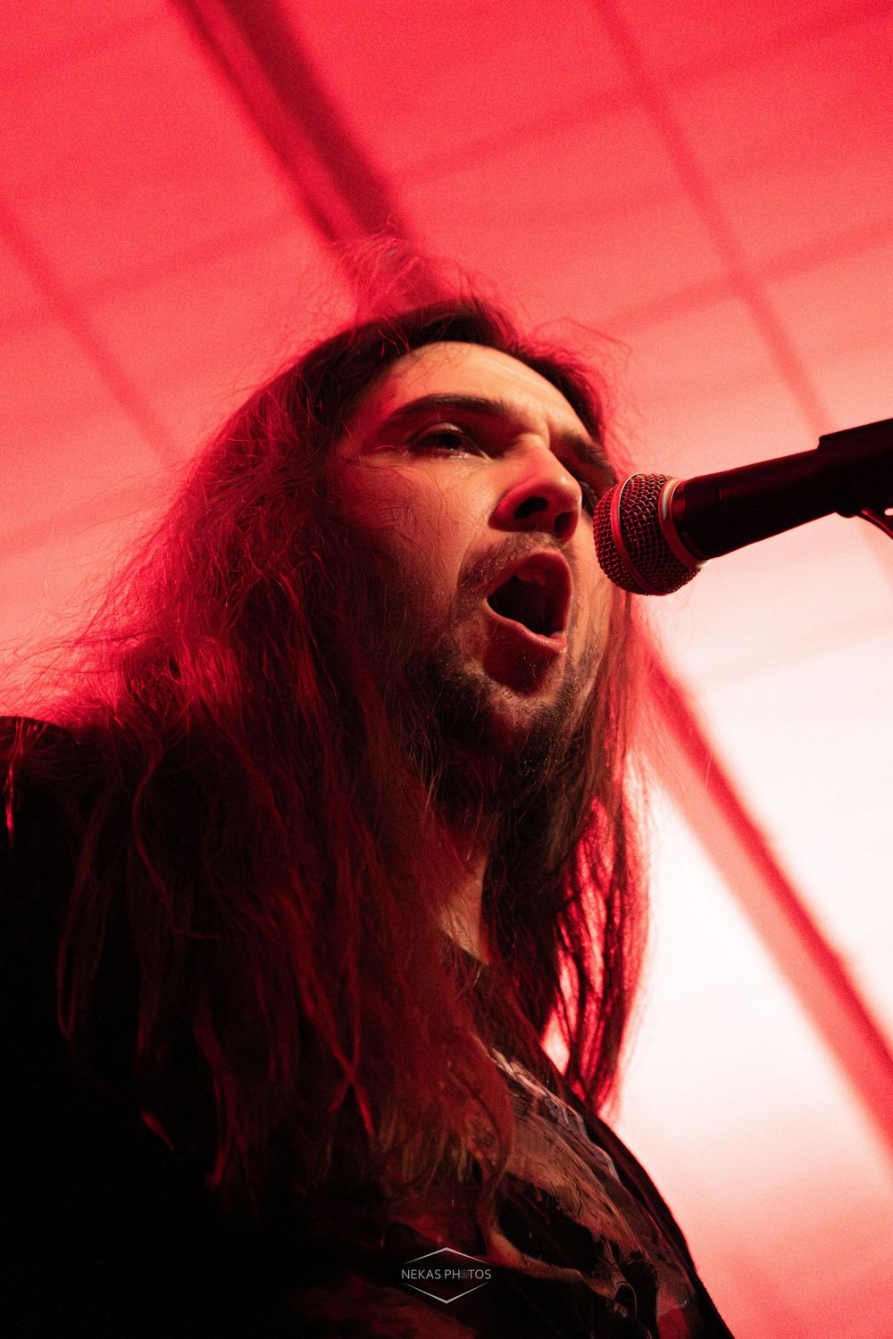 Metal band vocalist with long hair singing passionately into microphone under red stage lighting.