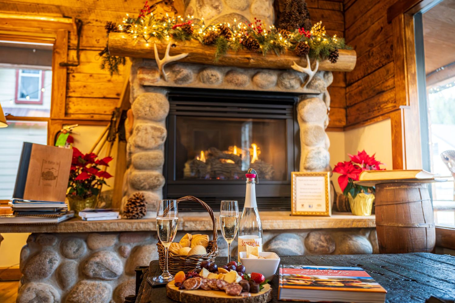A charcuterie board & champagne at a charming bed and breakfast, the Minturn Inn in Minturn, CO.