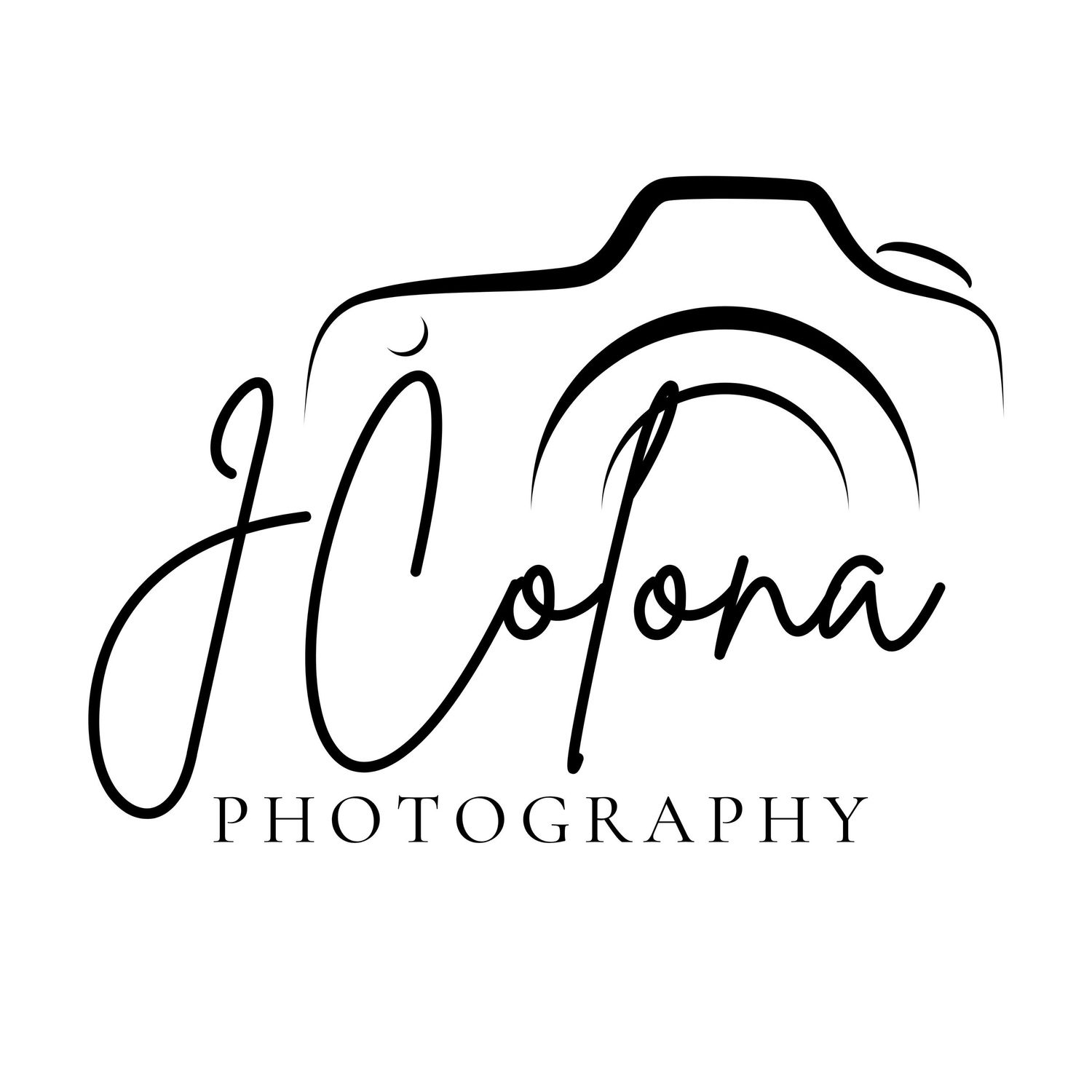 Black and white JColona Photography logo featuring elegant script text and a minimalist camera outline illustration.