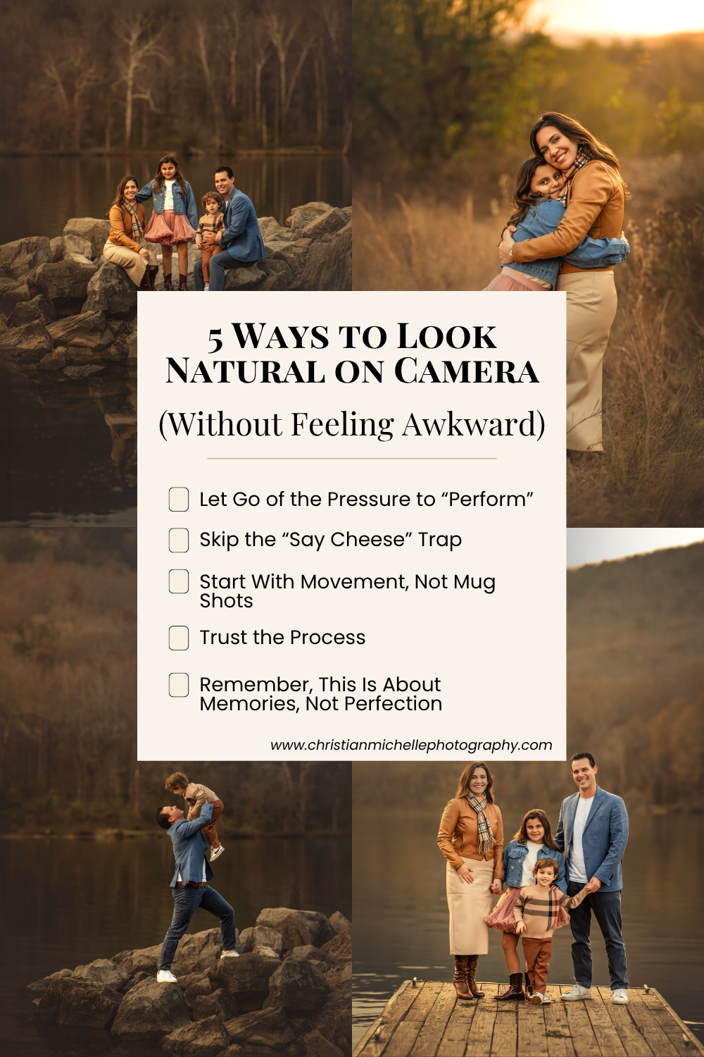 Family photography tips infographic showing a family posing naturally outdoors in golden light with 5 ways to look natural on camera.