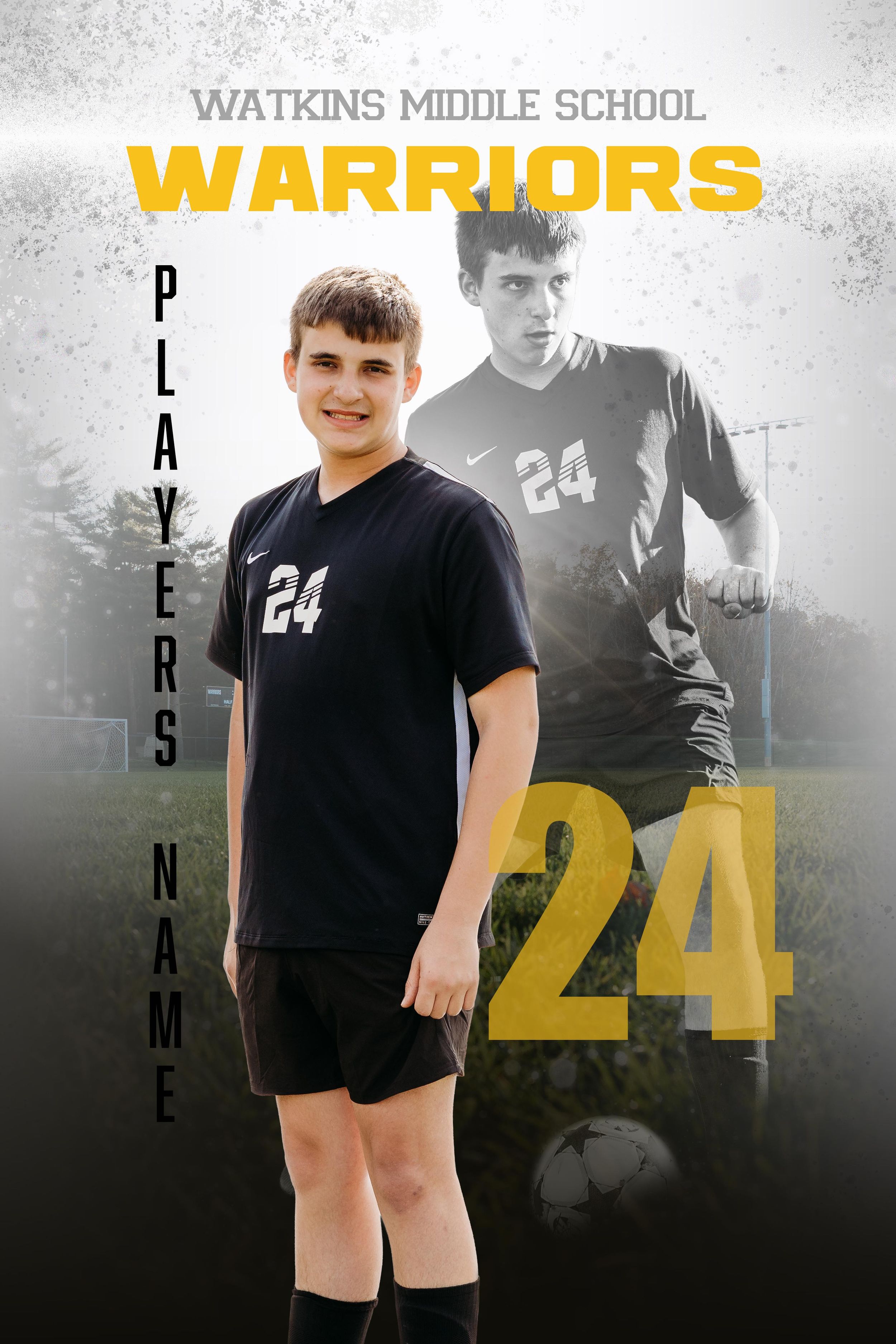 Watkins Middle School Warriors soccer player #24 poses in black uniform for official team sports portrait photo.