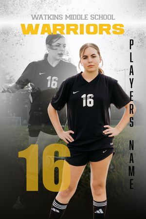 Watkins Middle School Warriors soccer player #16 poses in black uniform for official team portrait photo.