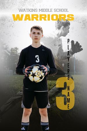 Watkins Middle School Warriors soccer player #3 in black uniform holding ball, youth sports portrait photo.